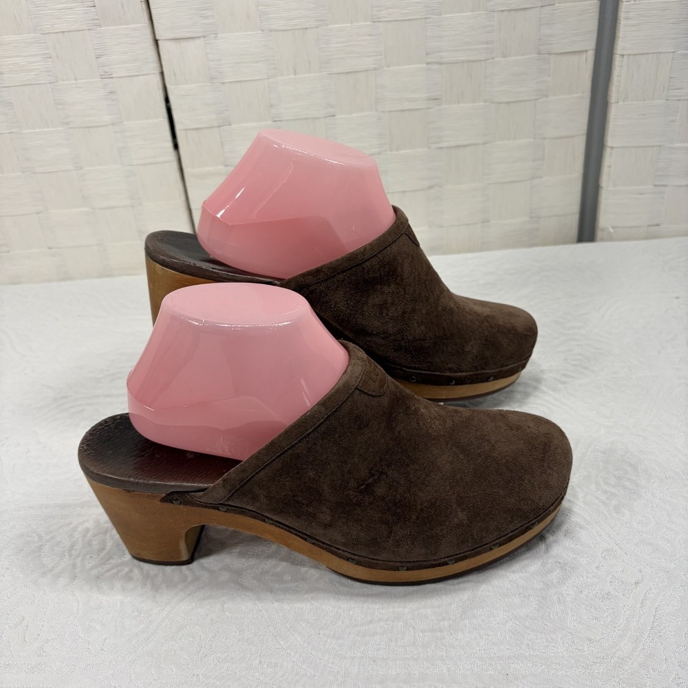 UGG Abbie brown suede clogs chunky wooden block heels side studs womens 10